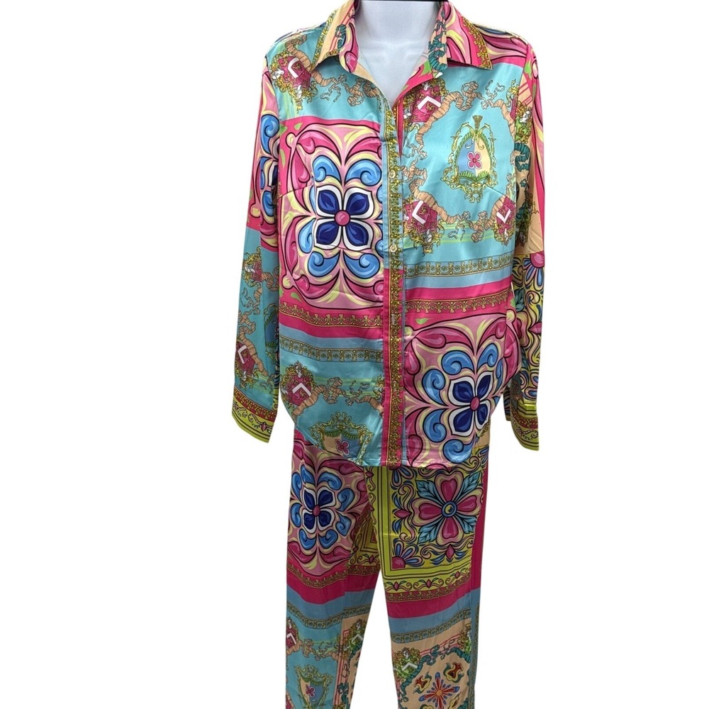 BanJul Women Multi-Color Baroque Floral Print 2-Piece Satin Lounge Set Size S - Picture 2 of 16